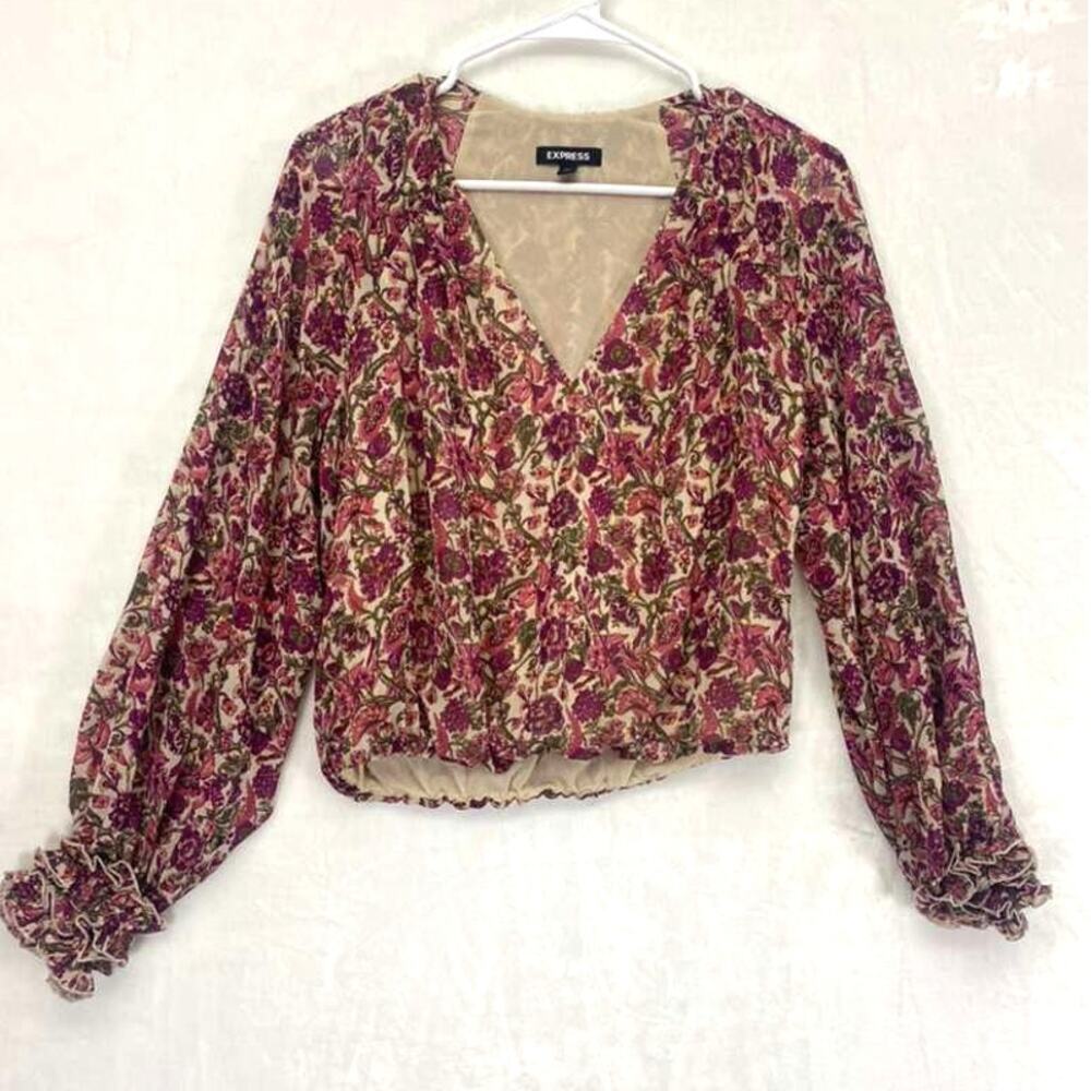 Express Floral Print Blouse Elastic Waist, Ruffled Cuffs, Size XS